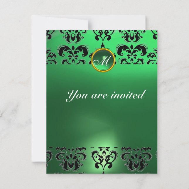 Invitación EMERALD DAMASK GEM STONE MONOGRAM verde negro (Anverso)