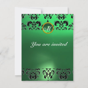 Invitación EMERALD DAMASK GEM STONE MONOGRAM verde negro