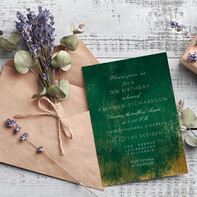 Invitación Emerald Deep Green Distressed Grungy Gold Birthday (Subido por el creador)