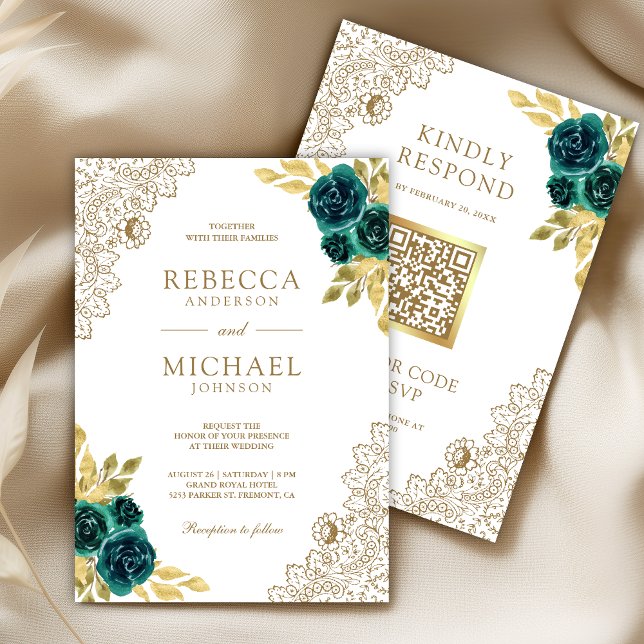 Invitación Emerald Floral White Gold Lace QR Code Wedding (Subido por el creador)