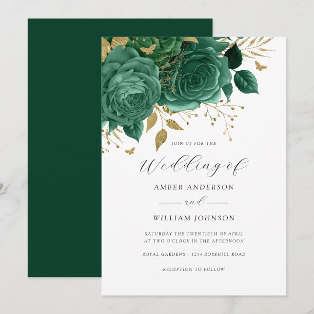 Invitación Emerald Gold Floral Rose Wedding   (Anverso / Reverso)