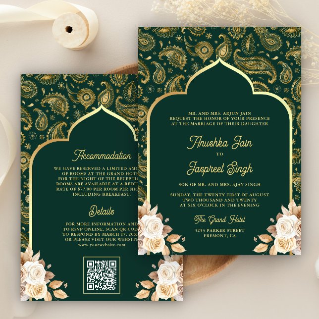 Invitación Emerald Gold Paisley Floral QR Código Indio Boda (Subido por el creador)