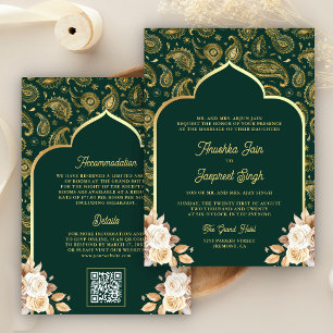 Invitación Emerald Gold Paisley Floral QR Código Indio Boda