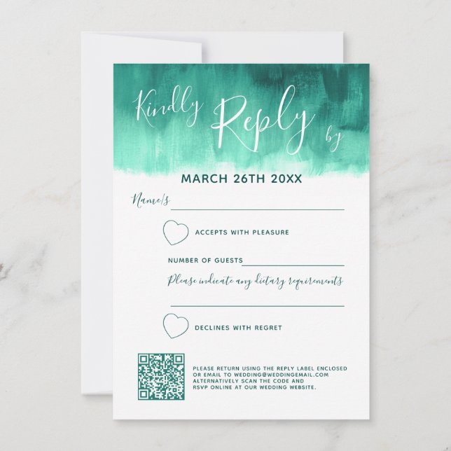 Invitación Emerald green abstract wedding reply RSVP qr code (Reverso)