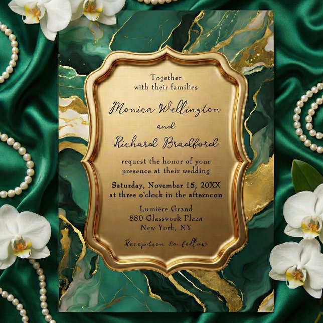 Invitación Emerald Green and Gold Agate Marble Luxury Wedding (Subido por el creador)