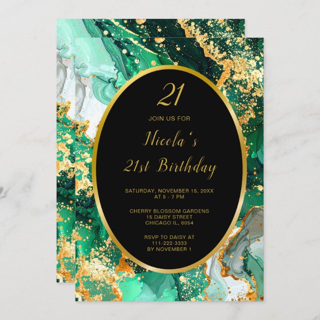 Invitación Emerald Green and Gold Marble Agate Birthday Party (Anverso / Reverso)