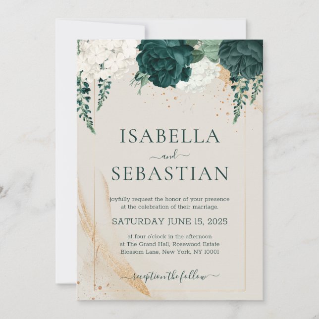 Invitación Emerald Green and Ivory Rose Floral BUDGET (Anverso)