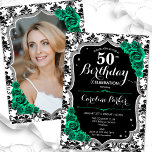 Invitación Emerald Green Black Damask Photo 50 cumpleaños<br><div class="desc">Elegante invitación de 50 años floral femenina con tu foto al fondo de la tarjeta. Diseño verde esmeralda de color blanco brillante con una falsa plata purpurina. Presenta un patrón de damasco en blanco y negro, rosas verdes, fuente de guión y confeti. Perfecto para un elegante fiesta de celebración de...</div>