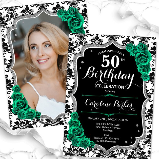 Invitación Emerald Green Black Damask Photo 50 cumpleaños (Subido por el creador)