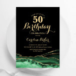 Invitación Emerald Green Black Gold Agate 50 cumpleaños<br><div class="desc">Invitación a la fiesta de cumpleaños número 50 de color verde esmeralda, negro y oro. Elegante diseño moderno con color de agua verde agate fondo geodésico de mármol, oro falso purpurina y letra de guión de tipografía. La carta de invitación de moda es perfecta para una elegante celebración del cumpleaños...</div>
