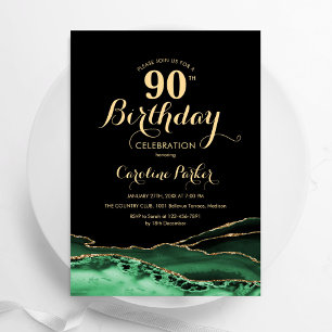 Invitación Emerald Green Black Gold Agate 90 cumpleaños