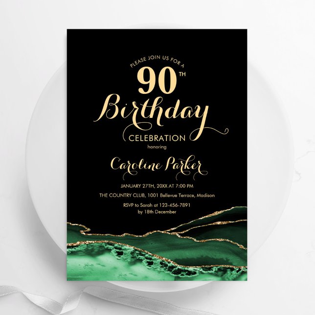 Invitación Emerald Green Black Gold Agate 90 cumpleaños (Subido por el creador)