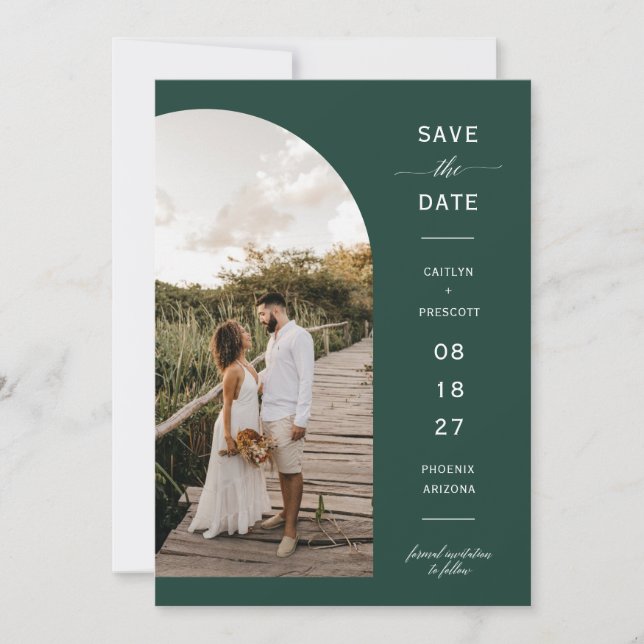 Invitación Emerald Green Boho Arc Photo QR Code Save the Date (Anverso)