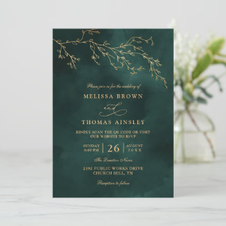 Invitación Emerald Green Botanical Elegant QR Code Wedding