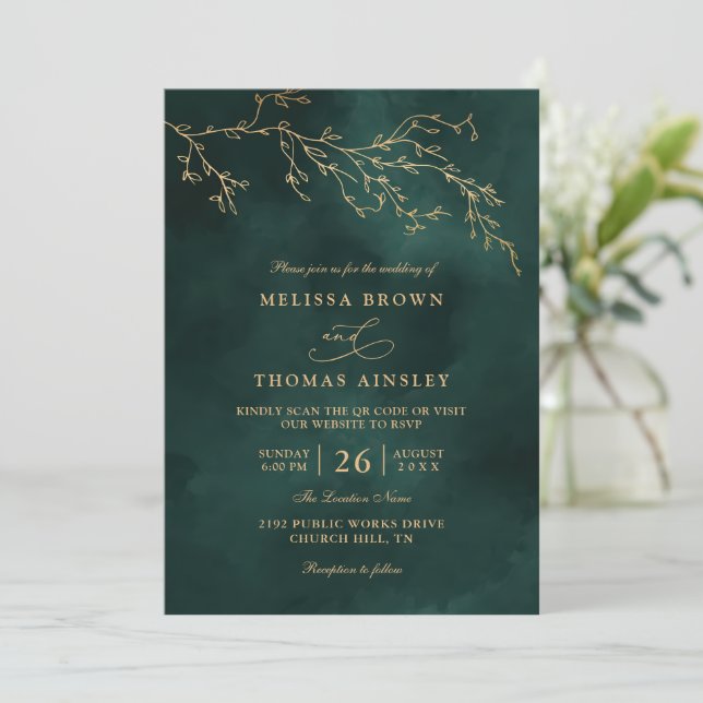 Invitación Emerald Green Botanical Elegant QR Code Wedding (Anverso de pie)