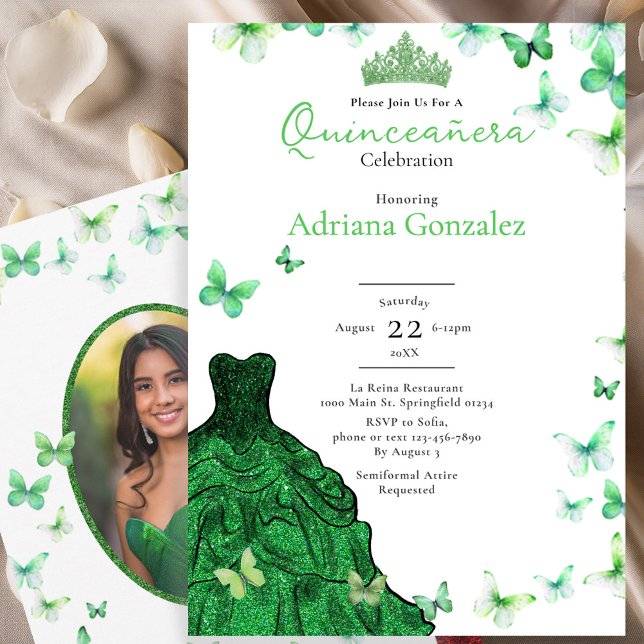 Invitación Emerald Green Butterflies Dress Photo Quinceanera (Subido por el creador)