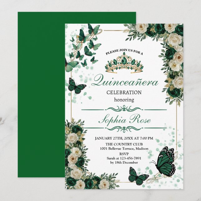 Invitación ​Emerald Green Butterfly Quinceañera Invitation (Anverso / Reverso)