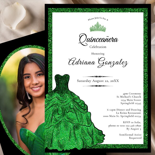 Invitación Emerald Green Dress Custom Photo Quinceanera (Subido por el creador)