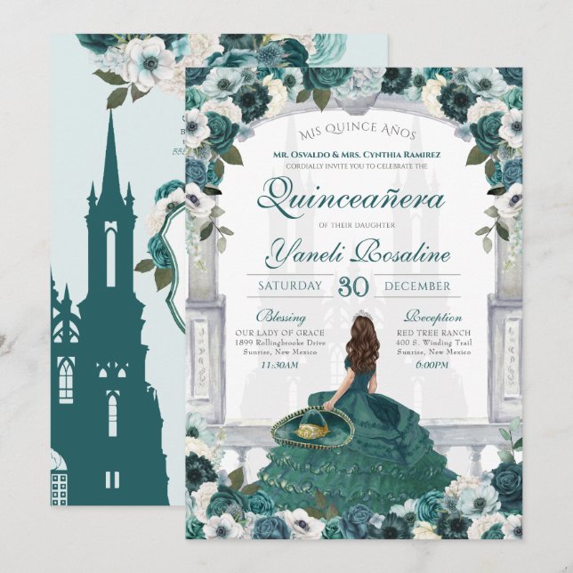 Invitación Emerald Green Elegant Princess Charro Quinceanera (Anverso / Reverso)