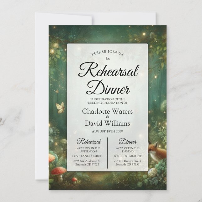 Invitación Emerald Green Enchanted Forest Rehearsal Dinner (Anverso)