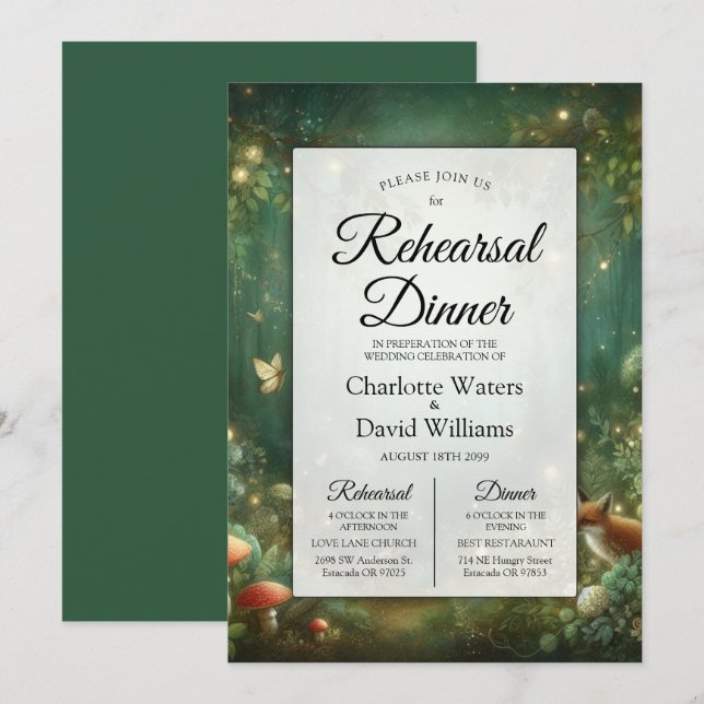 Invitación Emerald Green Enchanted Forest Rehearsal Dinner (Anverso / Reverso)