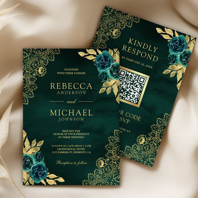 Invitación Emerald Green Floral Gold Lace QR Code Wedding (Subido por el creador)