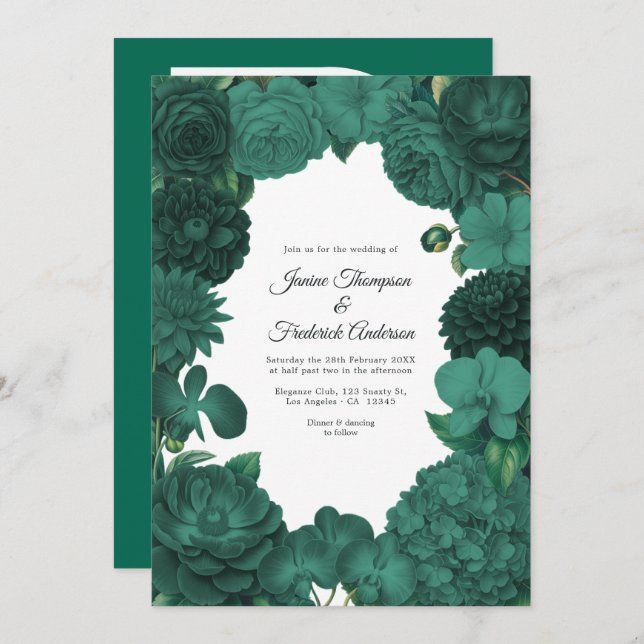 Invitación Emerald Green Floral Photo and QR Code Wedding (Anverso / Reverso)