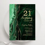 Invitación Emerald Green Gold Agate 21 cumpleaños<br><div class="desc">Invitación a la fiesta de cumpleaños número 21 de verde esmeralda y oro. Elegante diseño moderno con fondo geodésico de mármol agate acuarela, oro falso purpurina y tipografía de escritura. La carta de invitación de moda es perfecta para una elegante celebración del cumpleaños de las mujeres. Invitaciones Zazzle impresas o...</div>