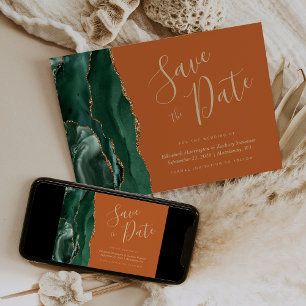 Invitación Emerald Green Gold Agate Rust Save the Date Card