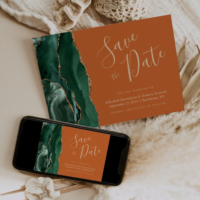 Invitación Emerald Green Gold Agate Rust Save the Date Card (Subido por el creador)