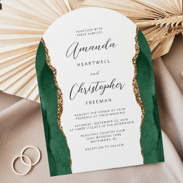 Invitación Emerald Green Gold Agate Script Arch Wedding