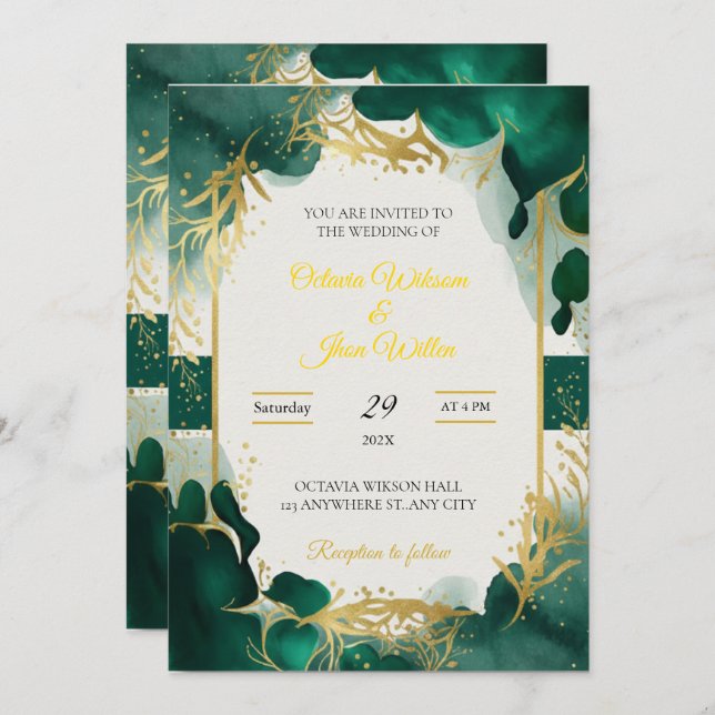 Invitación Emerald Green & Gold Elegant Wedding Invitation (Anverso / Reverso)