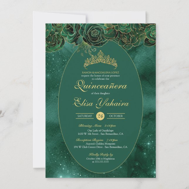 Invitación Emerald Green Gold Elegante Quinceanera (Anverso)