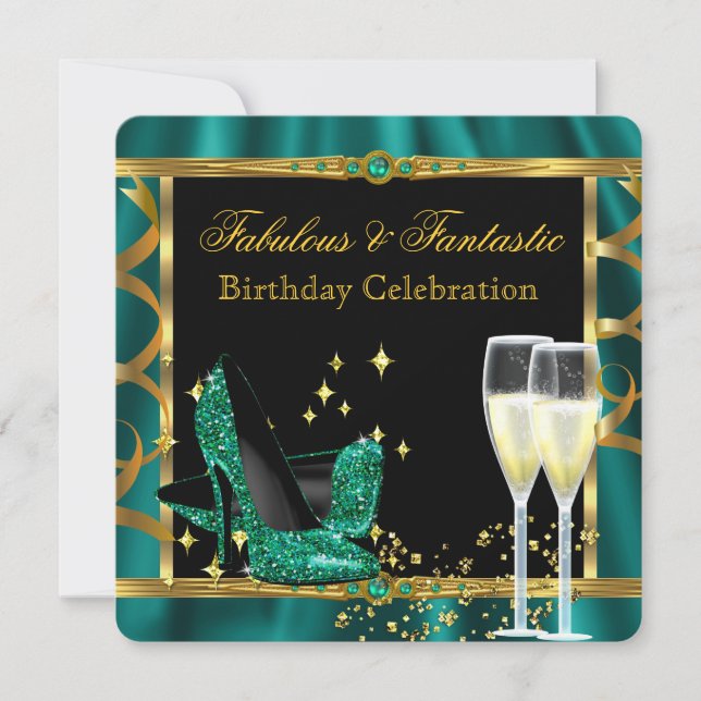 Invitación Emerald Green Gold Fabulous Heels Birday Party 2 (Anverso)
