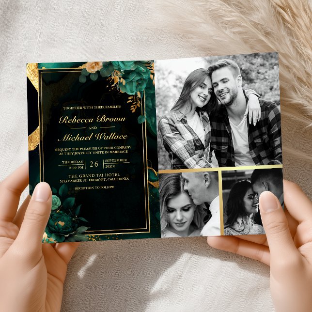Invitación Emerald Green Gold Floral Marble QR Code Wedding (Subido por el creador)