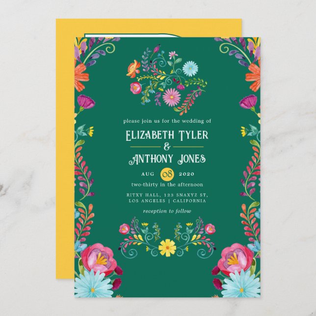Invitación Emerald Green & Gold Floral Mexican Fiesta Wedding (Anverso / Reverso)