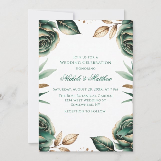 Invitación Emerald Green & Gold Floral Wedding Celebration (Anverso)