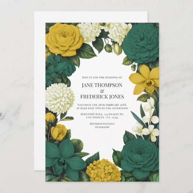 Invitación Emerald Green, Gold & Ivory Floral Wedding (Anverso / Reverso)