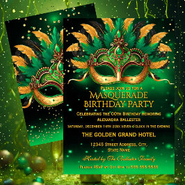 Invitación Emerald Green Gold Masks Masquerade Birthday Party