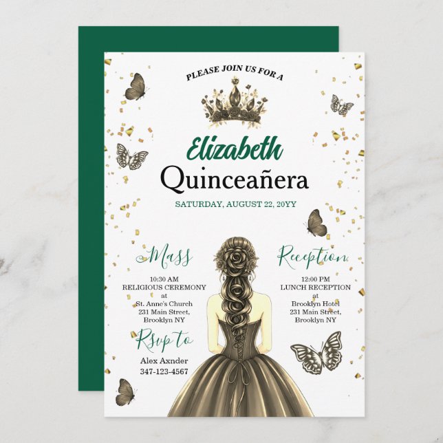 Invitación Emerald Green Gold Quinceañera Invitation (Anverso / Reverso)