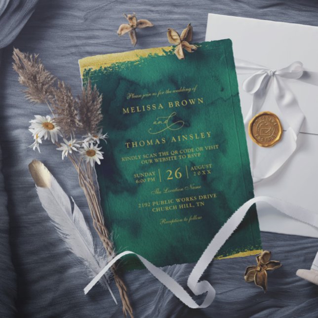 Invitación Emerald Green Gold Watercolor QR Code Wedding (Subido por el creador)