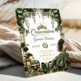 Invitación Emerald Green Golden Tiara Floral  Quinceañera