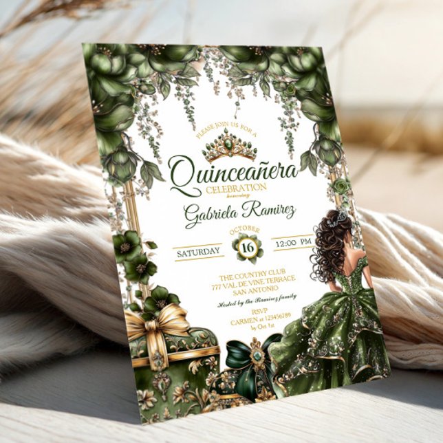 Invitación Emerald Green Golden Tiara Floral  Quinceañera (Subido por el creador)