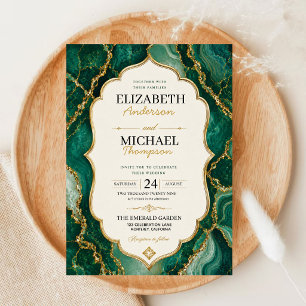 Invitación Emerald Green Marble Sage Green and Gold Agate