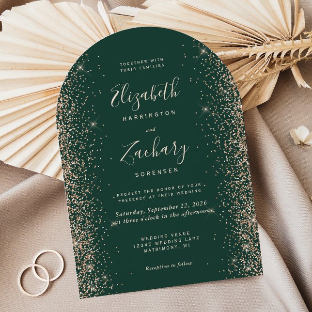 Invitación Emerald Green Peach Glitter Arch Wedding (Subido por el creador)