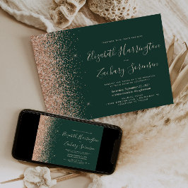 Invitación Emerald Green Peach Glitter Wedding