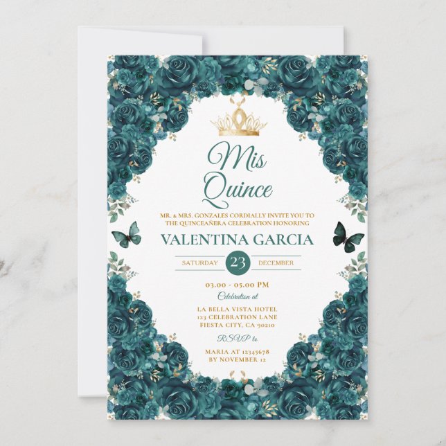 Invitación Emerald Green Quinceañera 15 Anos Floral Crown (Anverso)