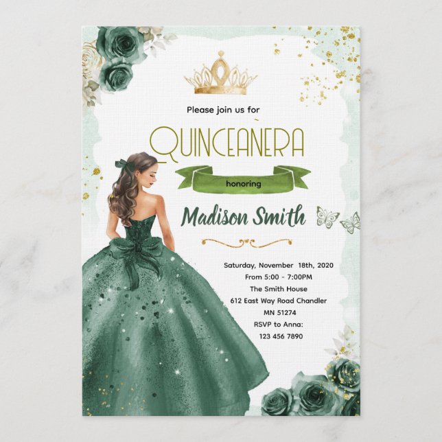 Invitación Emerald green quinceañera invitation  (Anverso)