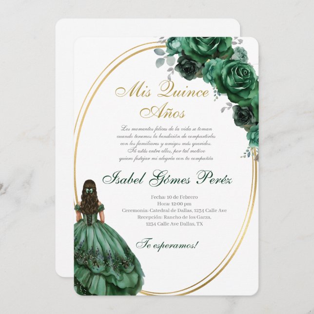 Invitación Emerald Green Quinceanera invitation in Spanish (Anverso / Reverso)