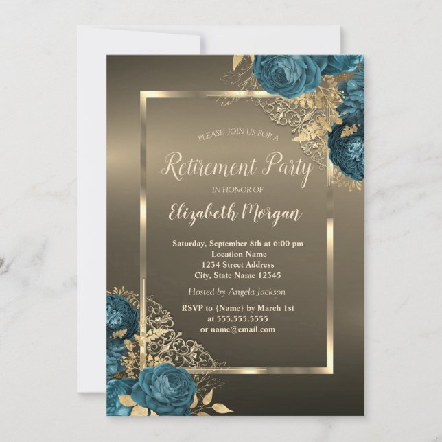Invitación  Emerald Green Roses Frame Brown Retirement Party (Anverso)